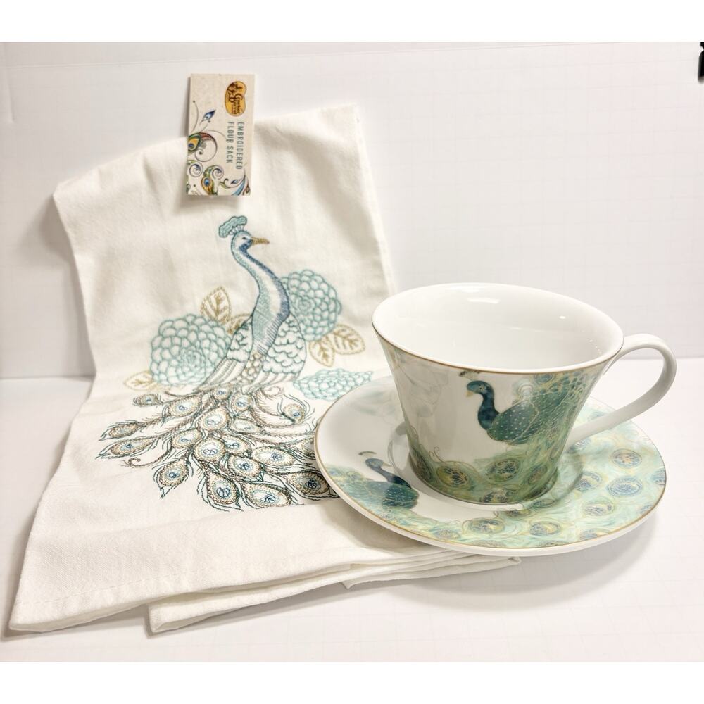 222 FIFTH Peacock Garden Teacup Set Retired Kitchen Hand Towel